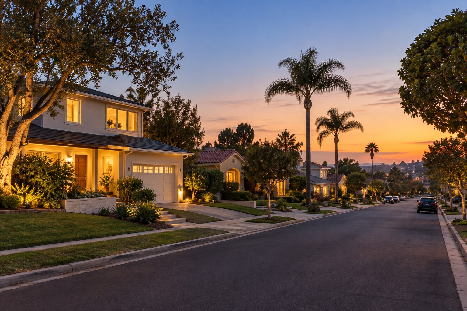 A South Bay, California neighborhood at dusk