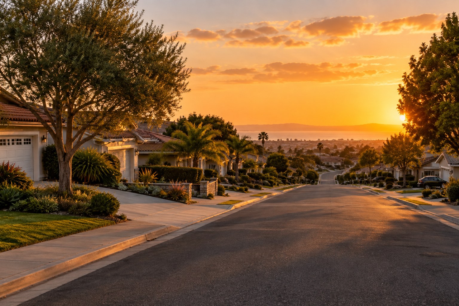 A South Bay street at sunset, illustrative