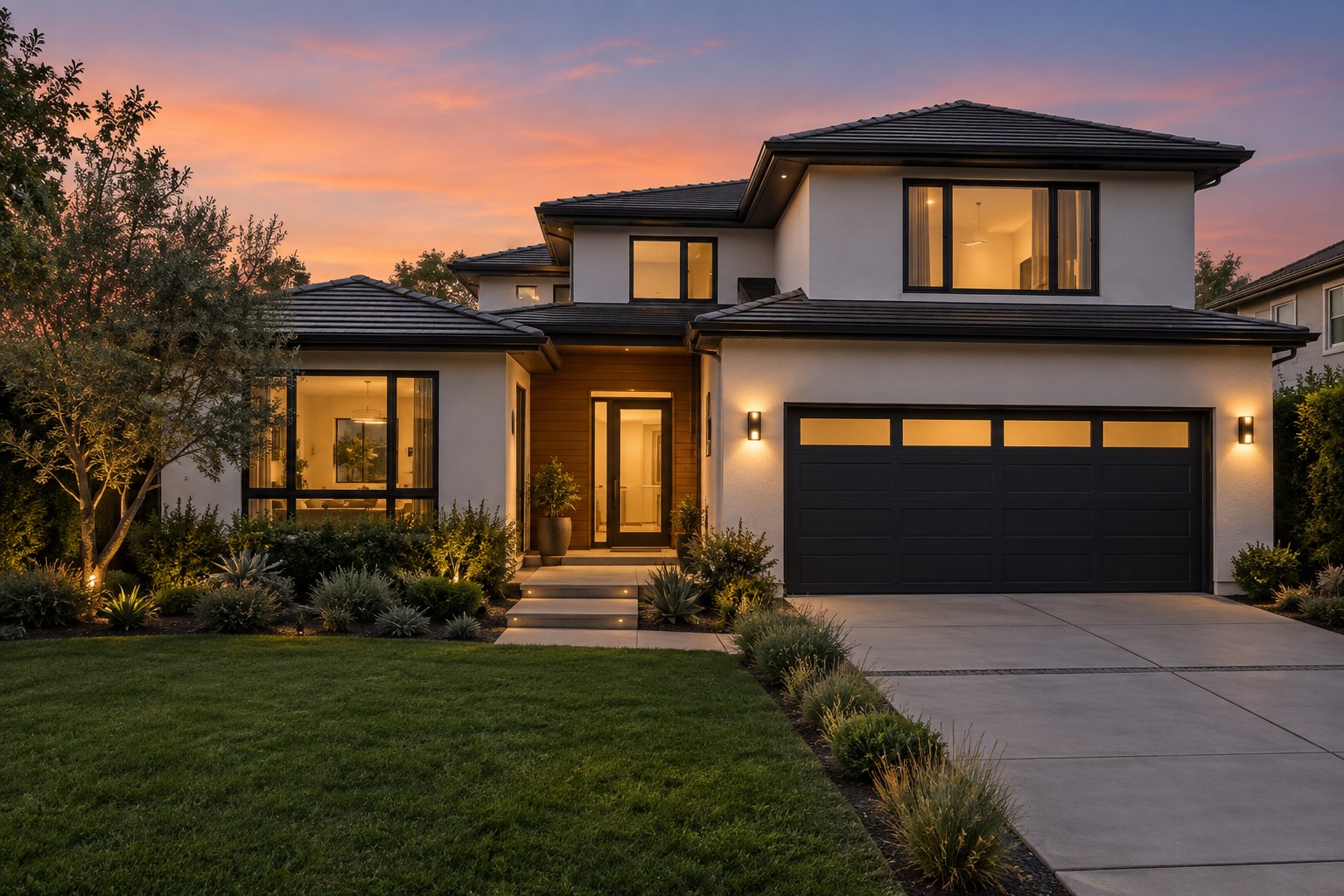 A South Bay home exterior at dusk, illustrative