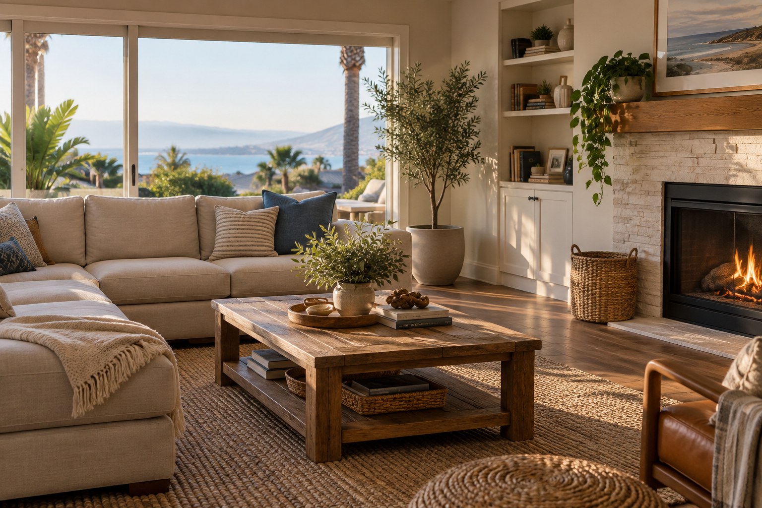 A cozy South Bay living room, illustrative